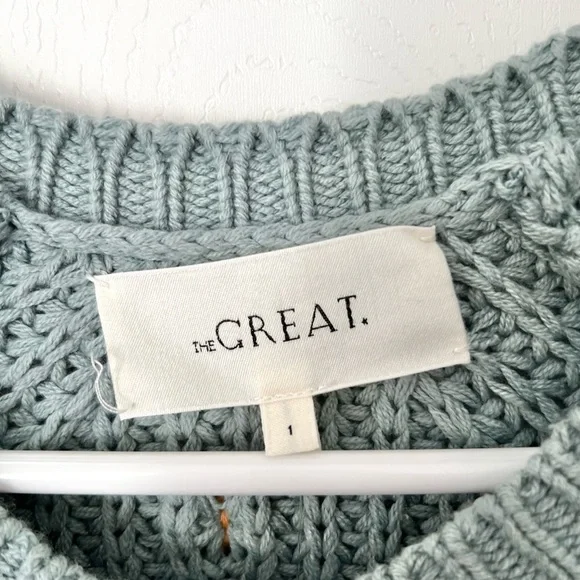 THE GREAT. The Bobble Sophomore Knit Cardigan in Dusty Blue/Honey Sz S - Picture 6 of 7